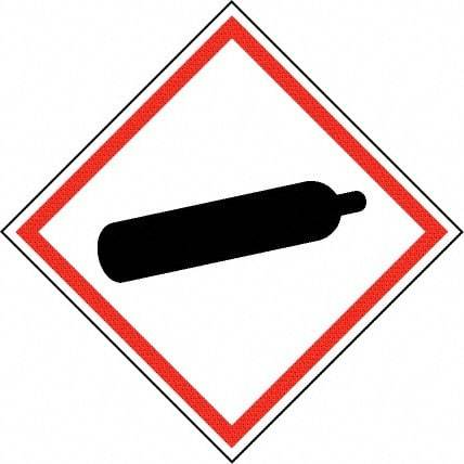 NMC - Hazardous Materials Label, Header: Compressed Gas Warning - Legend: GHS - Graphic, English, Black & Red, 4" Long x 4" High, No Coating - Industrial Tool & Supply