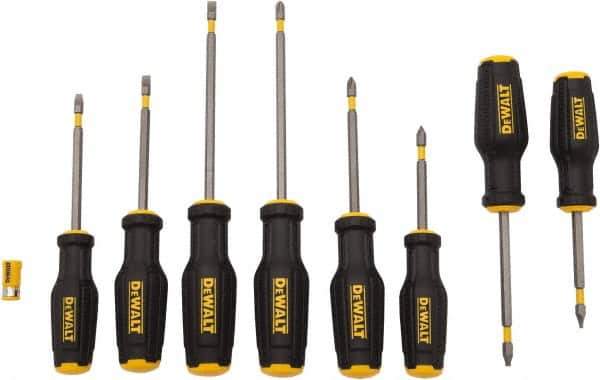 DeWALT - 8 Piece Phillips, Slotted & Square Screwdriver Set - Ergonomic & Bi-material Handle, Blade Sizes: Length 3 to 6, Width 3/16, 1/4 & 5/16, Bit Sizes: Philips #1 to #3 - Industrial Tool & Supply