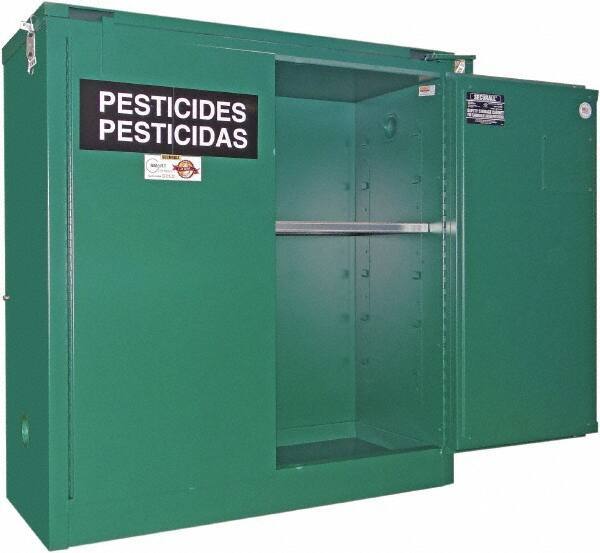 Securall Cabinets - 2 Door, 1 Shelf, Green Steel Standard Safety Cabinet for Flammable and Combustible Liquids - 46" High x 43" Wide x 18" Deep, Self Closing Door, 3 Point Key Lock, 30 Gal Capacity - Industrial Tool & Supply
