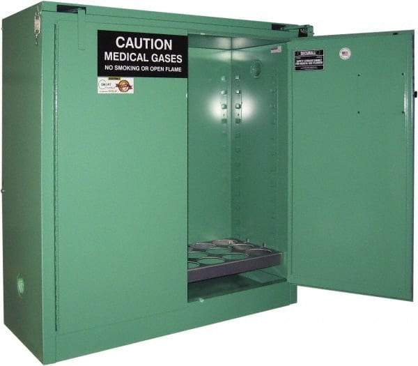 Securall Cabinets - 2 Door, Green Steel Standard Safety Cabinet for Flammable and Combustible Liquids - 46" High x 43" Wide x 18" Deep, Self Closing Door, 3 Point Key Lock, D, E Cylinder Capacity - Industrial Tool & Supply