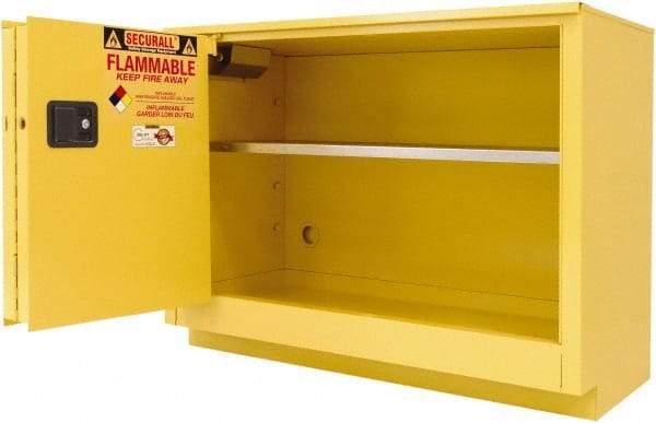 Securall Cabinets - 2 Door, 1 Shelf, Yellow Steel Under the Counter Safety Cabinet for Flammable and Combustible Liquids - 35-5/8" High x 47" Wide x 22" Deep, Sliding Door, 3 Point Key Lock, 36 Gal Capacity - Industrial Tool & Supply