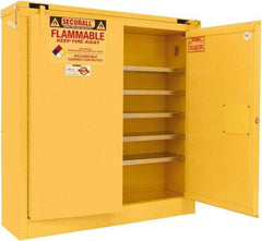 Securall Cabinets - 2 Door, 5 Shelf, Yellow Steel Wall Mount Safety Cabinet for Flammable and Combustible Liquids - 46" High x 43" Wide x 12" Deep, Self Closing Door, 3 Point Key Lock, 24 Gal Capacity - Industrial Tool & Supply