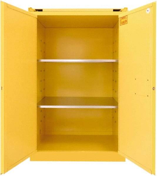 Securall Cabinets - 2 Door, 2 Shelf, Yellow Steel Standard Safety Cabinet for Flammable and Combustible Liquids - 67" High x 43" Wide x 31" Deep, Self Closing Door, 3 Point Key Lock, 90 Gal Capacity - Industrial Tool & Supply