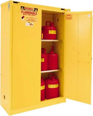 Securall Cabinets - 2 Door, 2 Shelf, Yellow Steel Standard Safety Cabinet for Flammable and Combustible Liquids - 67" High x 43" Wide x 18" Deep, Self Closing Door, 3 Point Key Lock, 45 Gal Capacity - Industrial Tool & Supply