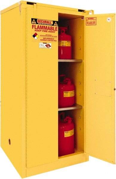 Securall Cabinets - 2 Door, 2 Shelf, Yellow Steel Standard Safety Cabinet for Flammable and Combustible Liquids - 67" High x 31" Wide x 31" Deep, Self Closing Door, 3 Point Key Lock, 60 Gal Capacity - Industrial Tool & Supply