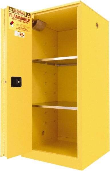 Securall Cabinets - 2 Door, 2 Shelf, Yellow Steel Standard Safety Cabinet for Flammable and Combustible Liquids - 65" High x 31" Wide x 31" Deep, Sliding Door, 3 Point Key Lock, 60 Gal Capacity - Industrial Tool & Supply