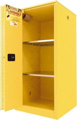 Securall Cabinets - 2 Door, 2 Shelf, Yellow Steel Standard Safety Cabinet for Flammable and Combustible Liquids - 65" High x 31" Wide x 31" Deep, Sliding Door, 3 Point Key Lock, 60 Gal Capacity - Industrial Tool & Supply