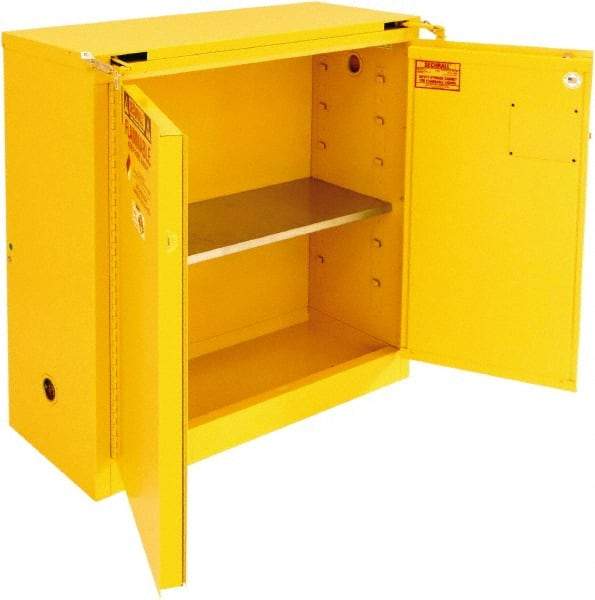 Securall Cabinets - 2 Door, 1 Shelf, Yellow Steel Standard Safety Cabinet for Flammable and Combustible Liquids - 46" High x 43" Wide x 18" Deep, Self Closing Door, 3 Point Key Lock, 30 Gal Capacity - Industrial Tool & Supply