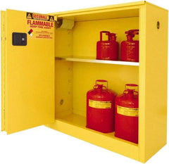 Securall Cabinets - 2 Door, 1 Shelf, Yellow Steel Standard Safety Cabinet for Flammable and Combustible Liquids - 44" High x 43" Wide x 18" Deep, Sliding Door, 3 Point Key Lock, 30 Gal Capacity - Industrial Tool & Supply