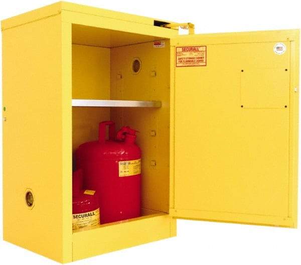 Securall Cabinets - 1 Door, 1 Shelf, Yellow Steel Standard Safety Cabinet for Flammable and Combustible Liquids - 37" High x 24" Wide x 18" Deep, Self Closing Door, 3 Point Key Lock, 12 Gal Capacity - Industrial Tool & Supply