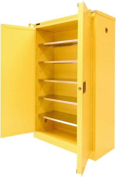 Securall Cabinets - 2 Door, 5 Shelf, Yellow Steel Standard Safety Cabinet for Flammable and Combustible Liquids - 67" High x 43" Wide x 18" Deep, Sliding Door, 3 Point Key Lock, 60 Gal Capacity - Industrial Tool & Supply