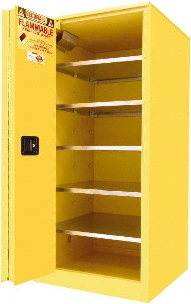 Securall Cabinets - 2 Door, 5 Shelf, Yellow Steel Standard Safety Cabinet for Flammable and Combustible Liquids - 65" High x 31" Wide x 31" Deep, Sliding Door, 3 Point Key Lock, 120 Gal Capacity - Industrial Tool & Supply