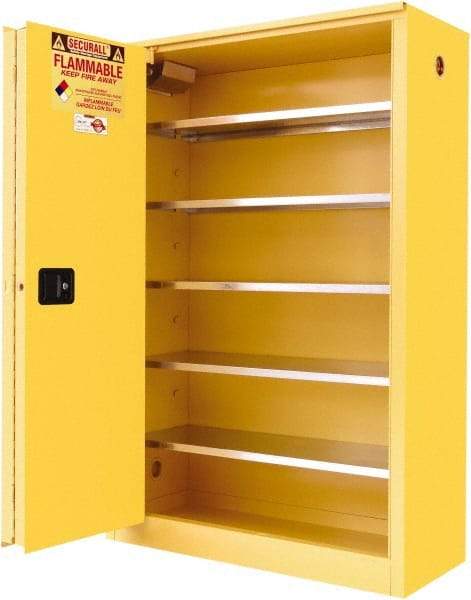 Securall Cabinets - 2 Door, 5 Shelf, Yellow Steel Standard Safety Cabinet for Flammable and Combustible Liquids - 65" High x 43" Wide x 18" Deep, Sliding Door, 3 Point Key Lock, 60 Gal Capacity - Industrial Tool & Supply