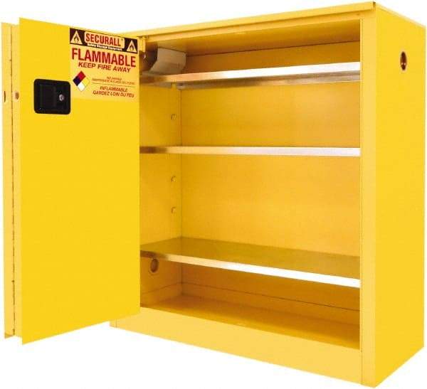 Securall Cabinets - 2 Door, 3 Shelf, Yellow Steel Standard Safety Cabinet for Flammable and Combustible Liquids - 44" High x 43" Wide x 18" Deep, Sliding Door, 3 Point Key Lock, 40 Gal Capacity - Industrial Tool & Supply