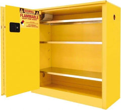 Securall Cabinets - 2 Door, 3 Shelf, Yellow Steel Standard Safety Cabinet for Flammable and Combustible Liquids - 44" High x 43" Wide x 18" Deep, Sliding Door, 3 Point Key Lock, 40 Gal Capacity - Industrial Tool & Supply