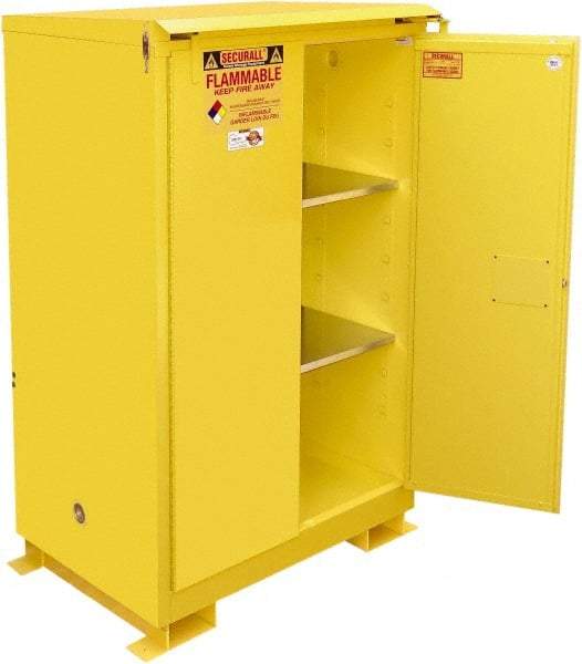 Securall Cabinets - 2 Door, 2 Shelf, Yellow Steel Standard Safety Cabinet for Flammable and Combustible Liquids - 71" High x 43" Wide x 31" Deep, Self Closing Door, 3 Point Key Lock, 90 Gal Capacity - Industrial Tool & Supply