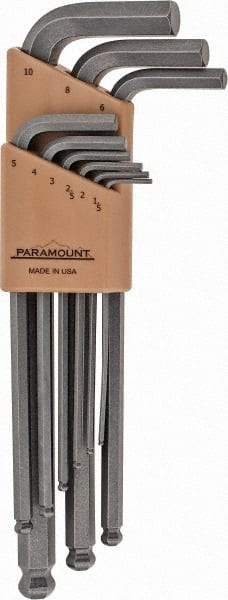 Paramount - 9 Piece L-Key Ball End Hex Key Set - Hex Range 1.5 to 10mm, 7-1/4" OAL, Steel - Industrial Tool & Supply