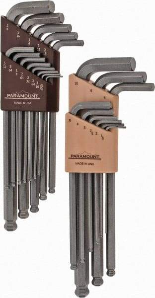 Paramount - 22 Piece L-Key Ball End Hex Key Set - Hex Range 0.05 to 3/8", 7-1/4" OAL, Steel - Industrial Tool & Supply