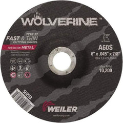 Weiler - 60 Grit, 6" Wheel Diam, 7/8" Arbor Hole, Type 27 Depressed Center Wheel - Medium Grade, Aluminum Oxide, Resinoid Bond, S Hardness, 10,200 Max RPM - Industrial Tool & Supply