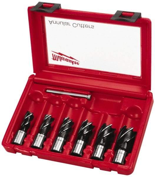 Milwaukee Tool - 6 Piece, 9/16 to 1-1/16" Cutter Diam, 1" Cutting Depth, Steel Annular Cutter Set - Bright Finish, 3/4" Shank Diam, 9/16, 5/8, 11/16, 13/16, 15/16, 1-1/16" Cutter Diams, 2 Flats on Shank - Industrial Tool & Supply