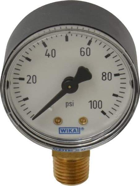 Wika - 2" Dial, 1/4 Thread, 0-100 Scale Range, Pressure Gauge - Lower Connection Mount, Accurate to 3-2-3% of Scale - Industrial Tool & Supply