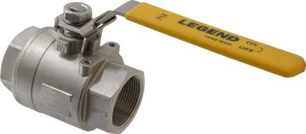 Legend Valve - 1-1/2" Pipe, Full Port, Stainless Steel Standard Ball Valve - 2 Piece, Inline - One Way Flow, FNPT x FNPT Ends, Locking Lever Handle, 1,000 WOG, 150 WSP - Industrial Tool & Supply