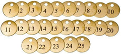 Value Collection - 1-1/2" High x 1-1/2" Long, 1 to 25, English Safety & Facility Numbered Tag - 1 Side, Brass - Industrial Tool & Supply
