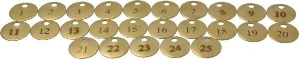 Value Collection - 1" High x 1" Long, 1 to 25, English Safety & Facility Numbered Tag - 1 Side, Brass - Industrial Tool & Supply