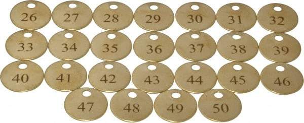 Value Collection - 1" High x 1" Long, 26 to 50, English Safety & Facility Numbered Tag - 1 Side, Brass - Industrial Tool & Supply