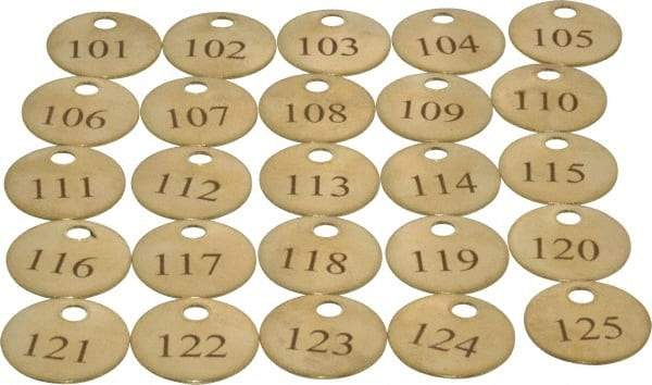 Value Collection - 1" High x 1" Long, 101 to 125, English Safety & Facility Numbered Tag - 1 Side, Brass - Industrial Tool & Supply