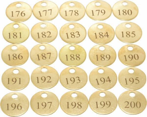Value Collection - 1" High x 1" Long, 176 to 200, English Safety & Facility Numbered Tag - 1 Side, Brass - Industrial Tool & Supply