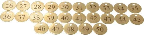 Value Collection - 1-1/4" High x 1-1/4" Long, 26 to 50, English Safety & Facility Numbered Tag - 1 Side, Brass - Industrial Tool & Supply