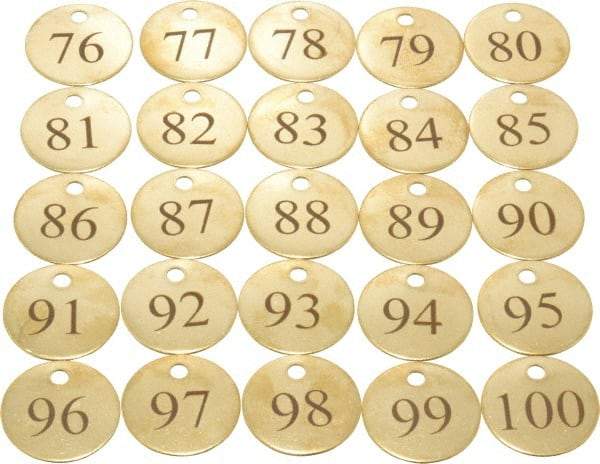 Value Collection - 1-1/4" High x 1-1/4" Long, 76 to 100, English Safety & Facility Numbered Tag - 1 Side, Brass - Industrial Tool & Supply