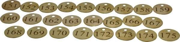 Value Collection - 1-1/4" High x 1-1/4" Long, 151 to 175, English Safety & Facility Numbered Tag - 1 Side, Brass - Industrial Tool & Supply