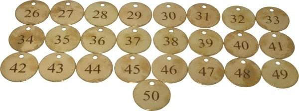 Value Collection - 1-1/2" High x 1-1/2" Long, 26 to 50, English Safety & Facility Numbered Tag - 1 Side, Brass - Industrial Tool & Supply