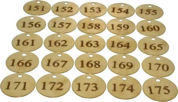 Value Collection - 1-1/2" High x 1-1/2" Long, 151 to 175, English Safety & Facility Numbered Tag - 1 Side, Brass - Industrial Tool & Supply