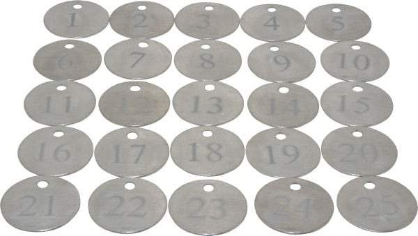 Value Collection - 1-1/4" High x 1-1/4" Long, 1 to 25, English Safety & Facility Numbered Tag - 1 Side, Aluminum - Industrial Tool & Supply