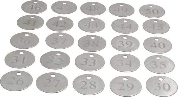 Value Collection - 1-1/4" High x 1-1/4" Long, 26 to 50, English Safety & Facility Numbered Tag - 1 Side, Aluminum - Industrial Tool & Supply