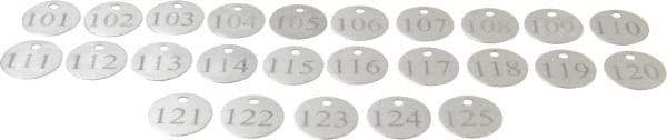 Value Collection - 1-1/4" High x 1-1/4" Long, 101 to 125, English Safety & Facility Numbered Tag - 1 Side, Aluminum - Industrial Tool & Supply