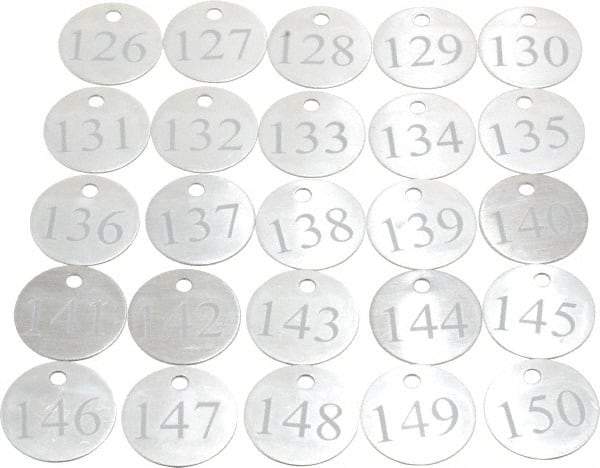 Value Collection - 1-1/4" High x 1-1/4" Long, 126 to 150, English Safety & Facility Numbered Tag - 1 Side, Aluminum - Industrial Tool & Supply