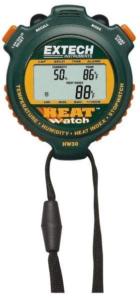 Extech - Digital Thermometer Stopwatch Clock - 8 Functions, 1/100 Sec Resolution, Green - Industrial Tool & Supply