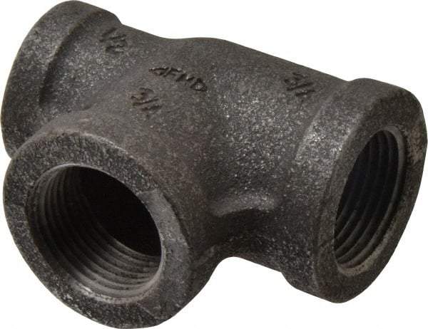 Made in USA - Size 3/4 x 1/2 x 3/4", Class 150, Malleable Iron Black Pipe Reducing Tee - 150 psi, Threaded End Connection - Industrial Tool & Supply