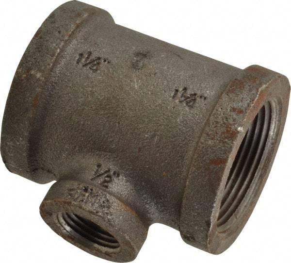 Made in USA - Size 1-1/4 x 1-1/4 x 1/2", Class 150, Malleable Iron Black Pipe Reducing Tee - 150 psi, Threaded End Connection - Industrial Tool & Supply