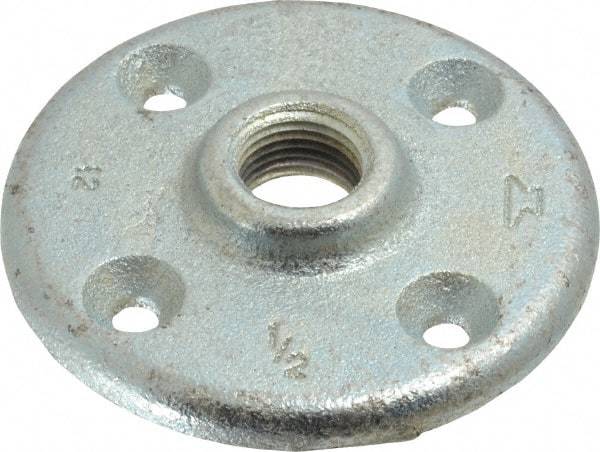 Made in USA - 1/2" Pipe, 3-1/2" OD, 5/8" Hub Length, Galvanized Floor Pipe Flange - 2-1/2" Across Bolt Hole Centers, 1/4" Bolt Hole, 150 psi, Class 150 - Industrial Tool & Supply