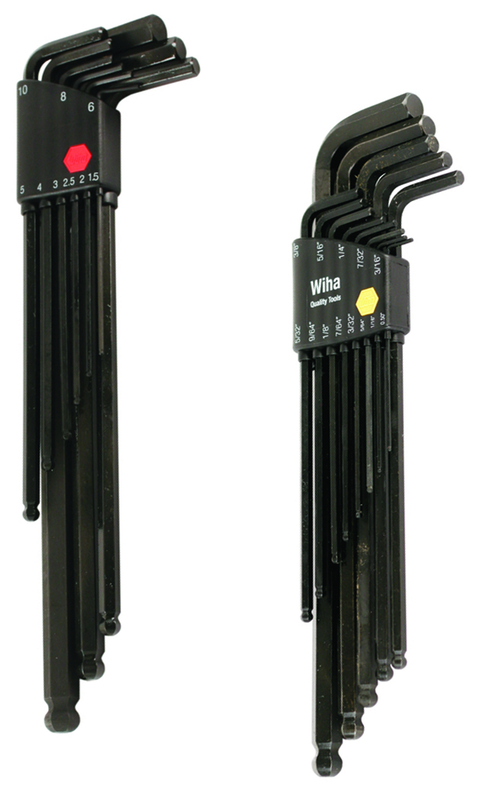 22 Piece - .050 - 3/8" & Metric 1.5 - 10.0mm - Black Finish - Ball End Hex L-Key Long Arm Inch Set - Industrial Tool & Supply