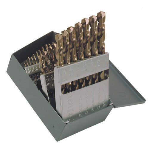 ‎1/16-1/2 RHS / RHC HSS-CO 8% (M42) 135 Degree Split Point Heavy Duty Cobalt Jobber Length Drill Set - Straw / Gold Oxide