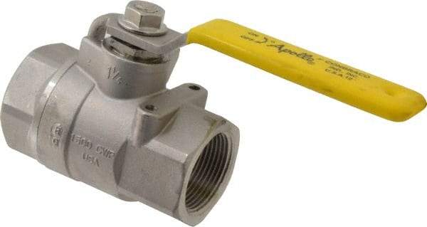 Apollo - 1-1/4" Pipe, Stainless Steel Standard Ball Valve - 2 Piece, Inline - One Way Flow, FNPT x FNPT Ends, Lever Handle, 1,500 WOG, 150 WSP - Industrial Tool & Supply