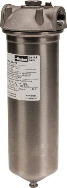 Parker - 3/4 Inch Pipe, FNPT End Connections, 10 Inch Long Cartridge, 12-3/4 Inch Long, Cartridge Filter Housing with Pressure Relief - 1 Cartridge, 5 Max GPM Flow Rate, 150 psi Max Working Pressure, 316 Grade - Industrial Tool & Supply