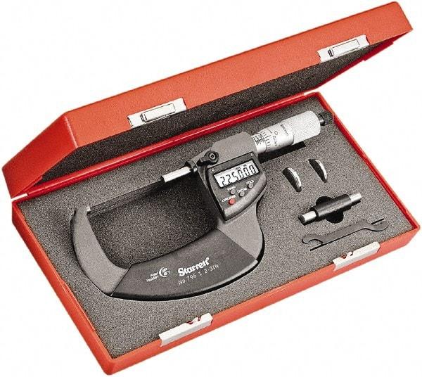 Starrett - 2 to 3" Range, Standard Throat IP67 Electronic Outside Micrometer - Ratchet Stop Thimble, Carbide Face, CR2032 Battery - Industrial Tool & Supply