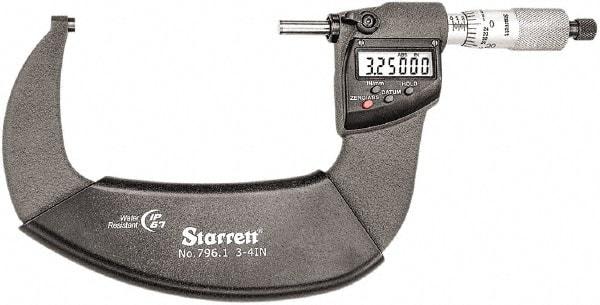 Starrett - Standard Throat IP67 Electronic Outside Micrometer - Ratchet Stop Thimble, Carbide Face, CR2032 Battery - Industrial Tool & Supply